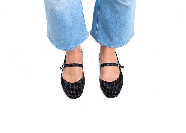 Mary Jane ballet flats - black leather with silver detail