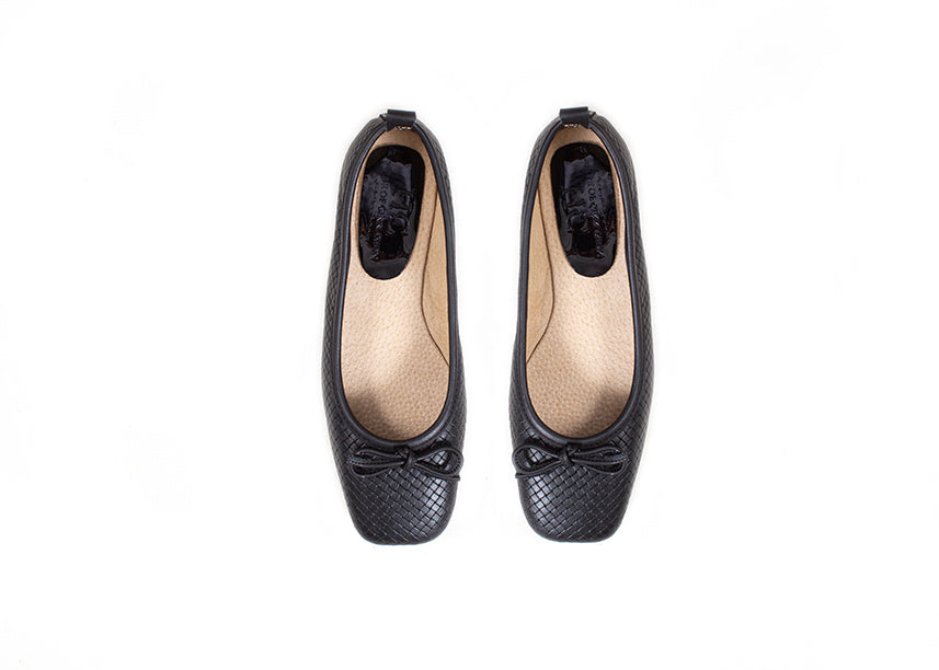 Ballet Flat - square toe, black woven leather