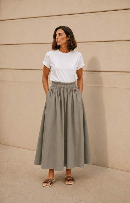 Full midi skirt - light olive cotton