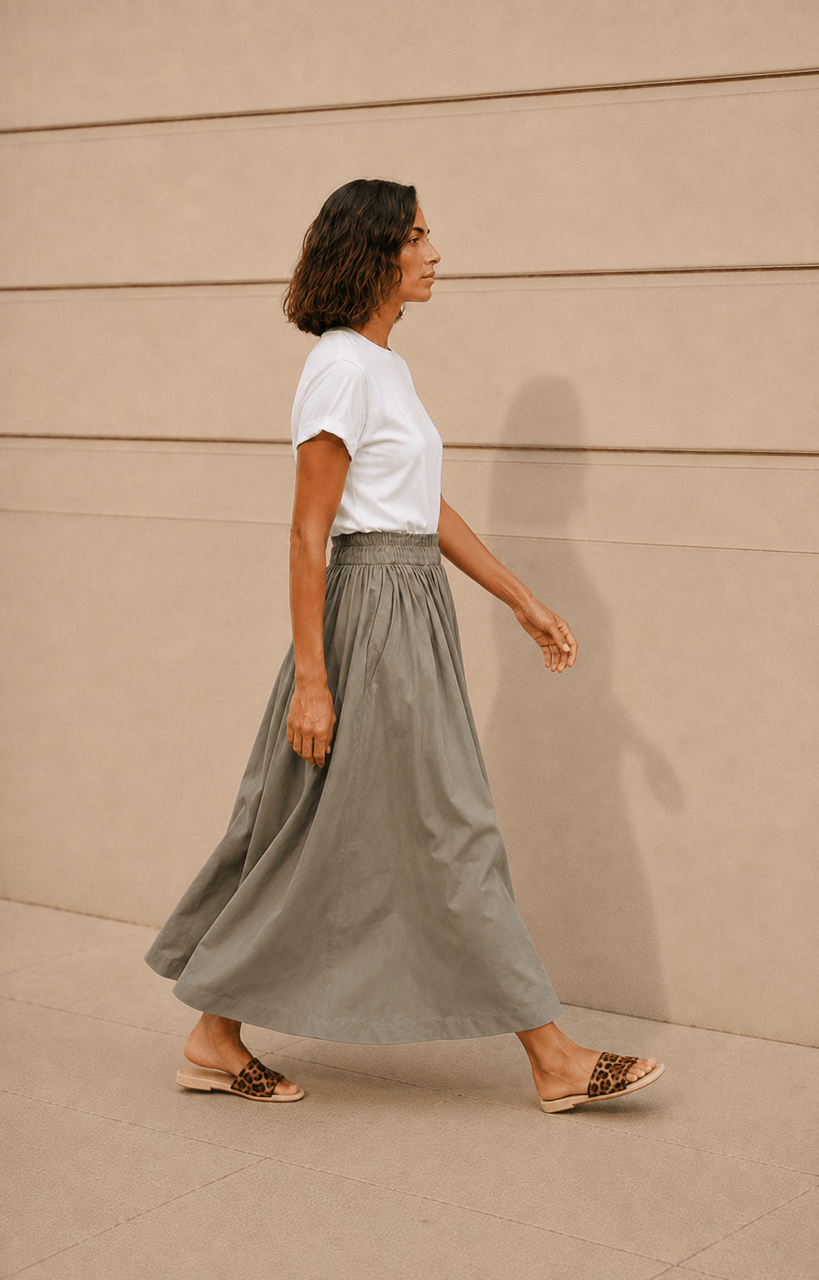 Full midi skirt - light olive cotton
