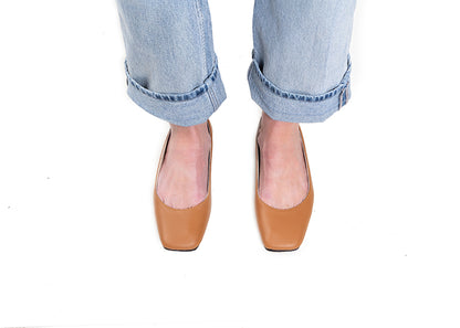 Ballet Flat - square toe, tan leather