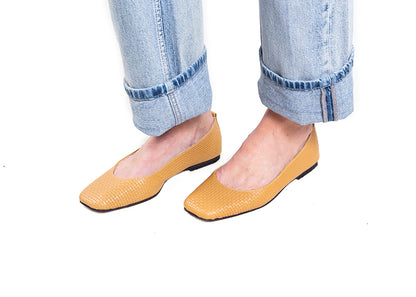 Ballet Flat - square toe, neutral woven leather