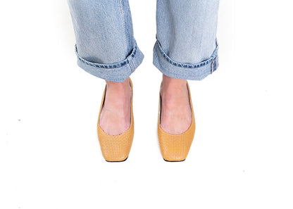 Ballet Flat - square toe, neutral woven leather
