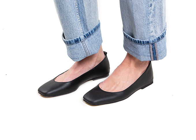 Ballet Flat - square toe, black leather