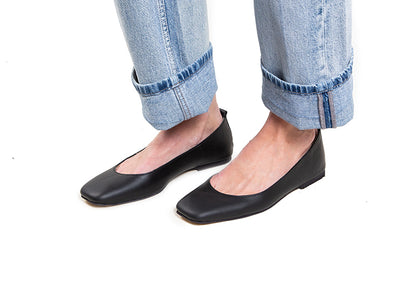 Ballet Flat - square toe, black leather