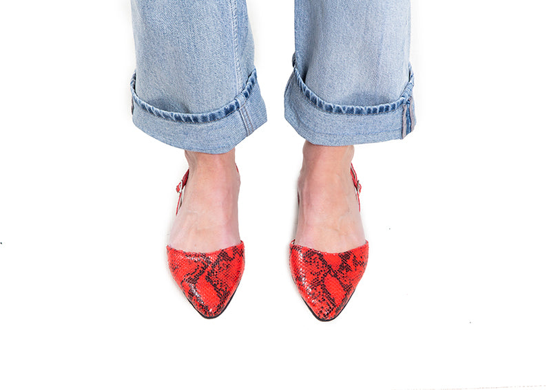 Slingback - red snake print leather
