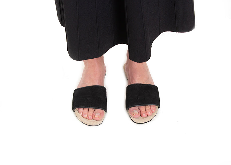 Black suede leather slides