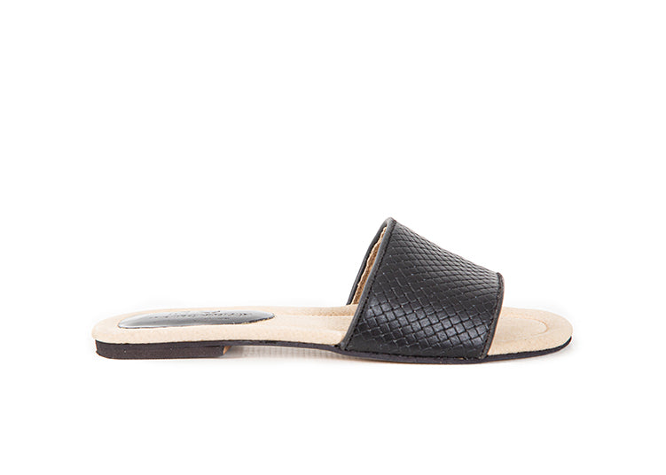 Black woven leather slides