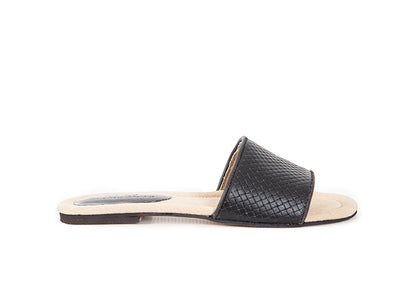 Black woven leather slides