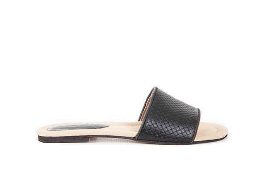 Black woven leather slides