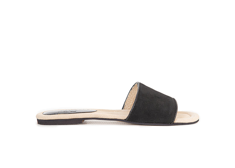 Black suede leather slides