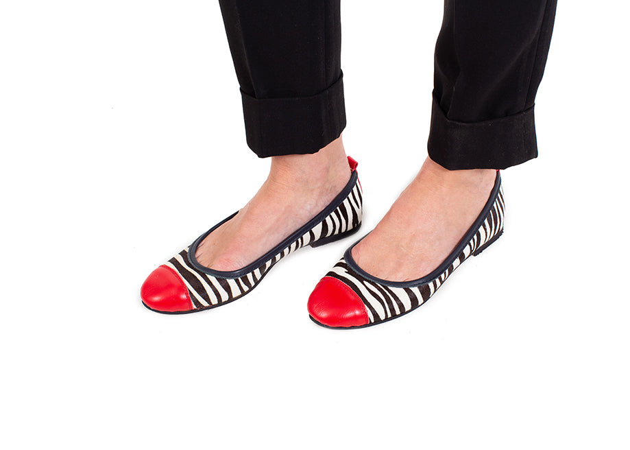 Ballet Flat - calfhair zebra print with red and blue detail