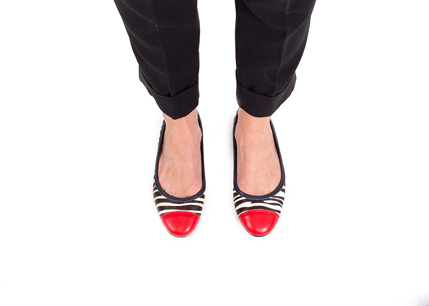 Ballet Flat - calfhair zebra print with red and blue detail