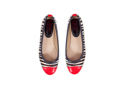 Ballet Flat - calfhair zebra print with red and blue detail