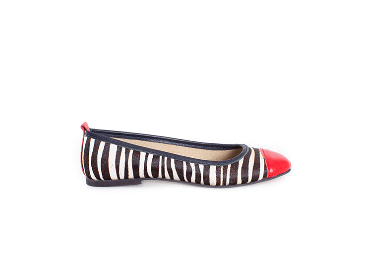 Ballet Flat - calfhair zebra print with red and blue detail