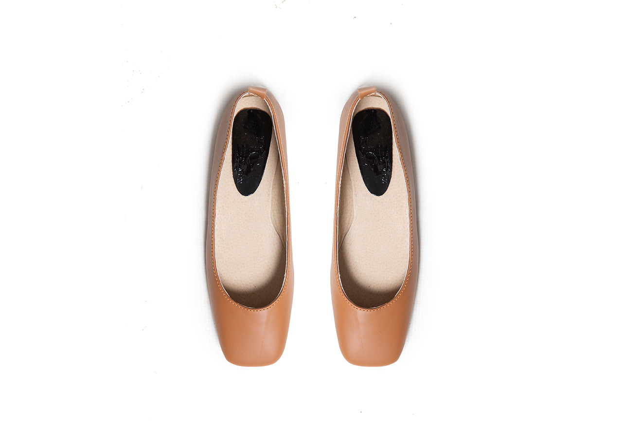 Ballet Flat - square toe, tan leather
