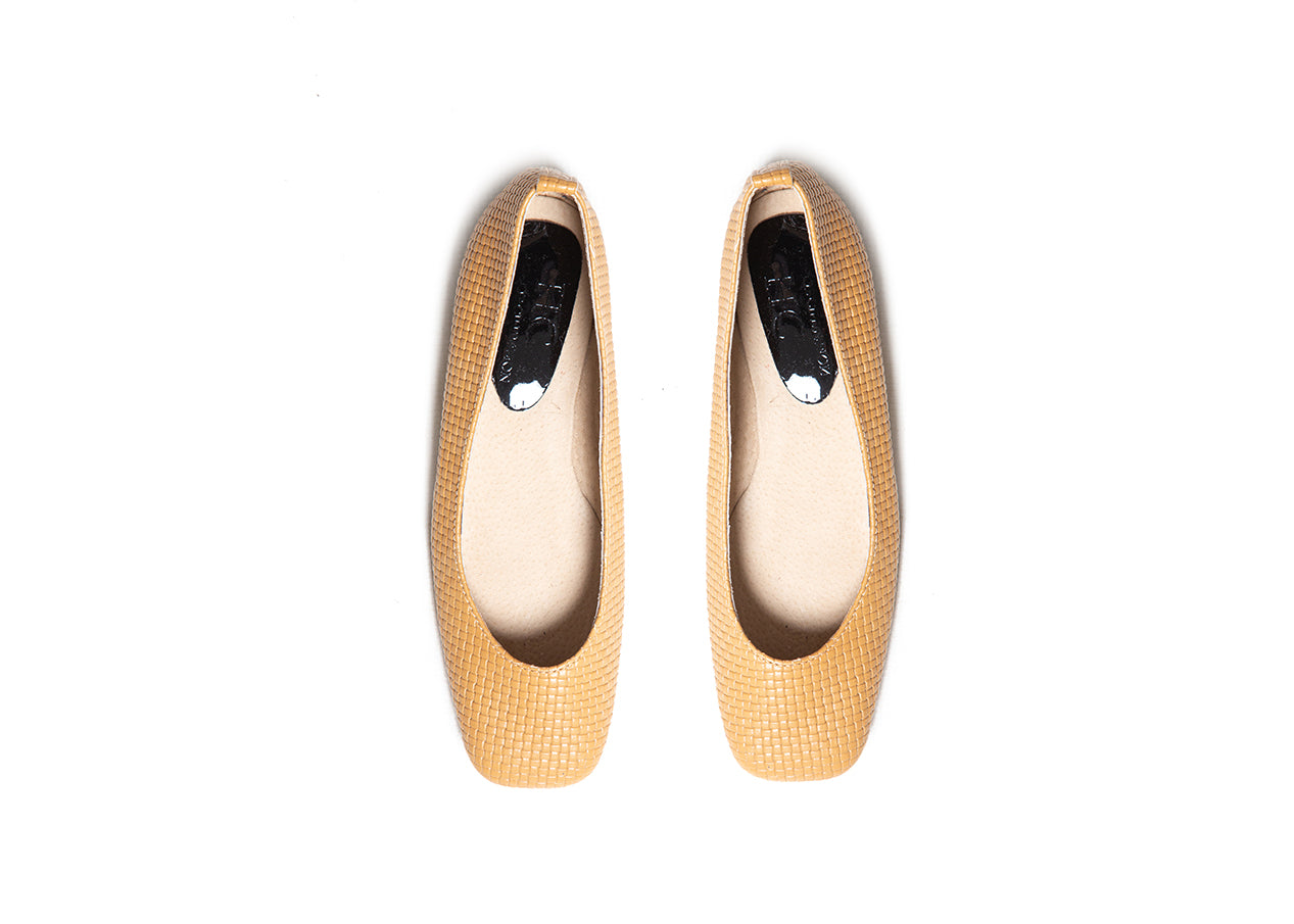 Ballet Flat - square toe, neutral woven leather