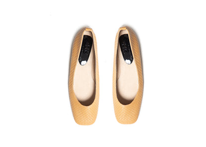 Ballet Flat - square toe, neutral woven leather