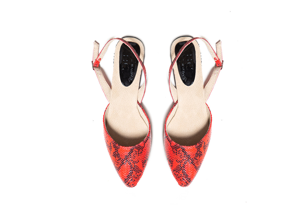Slingback - red snake print leather