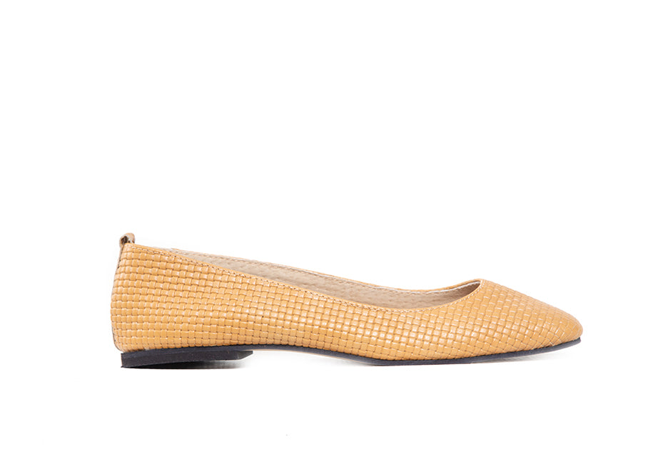 Ballet Flat - square toe, neutral woven leather