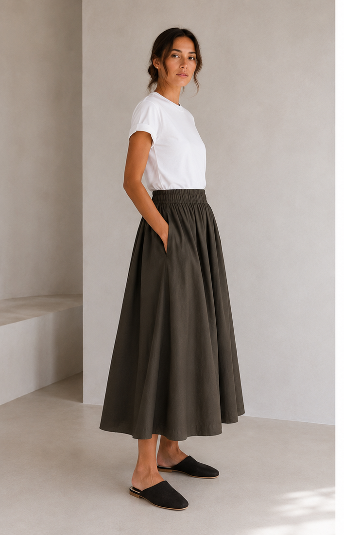 Full midi skirt - olive cotton