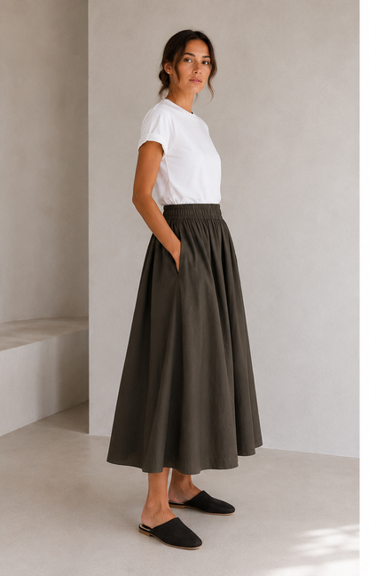 Full midi skirt - olive cotton