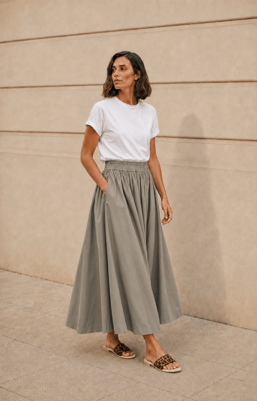 Full midi skirt - light olive cotton